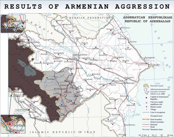 Die Karte der Gebiete Aserbaidschans, die durch Streitkräfte Armeniens besetzt sind