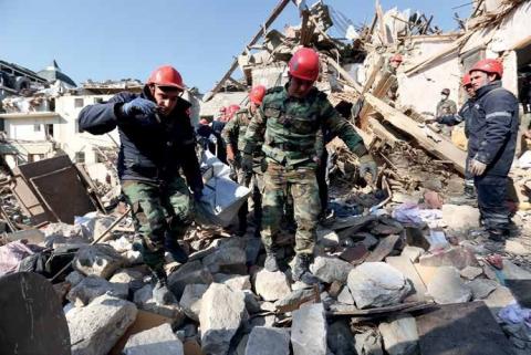 Ganja after a ballistic missile attack by Armenian armed forces on 11 October 2020. Ten civilians were killed and 34 wounded